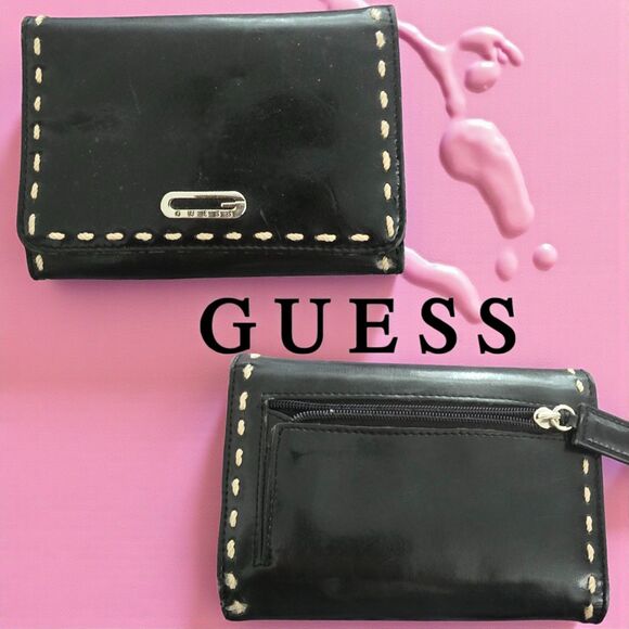 Guess Black White Contrast Stitch Tri-Fold Wallet with Card Pockets Snap Closure - Picture 1 of 6